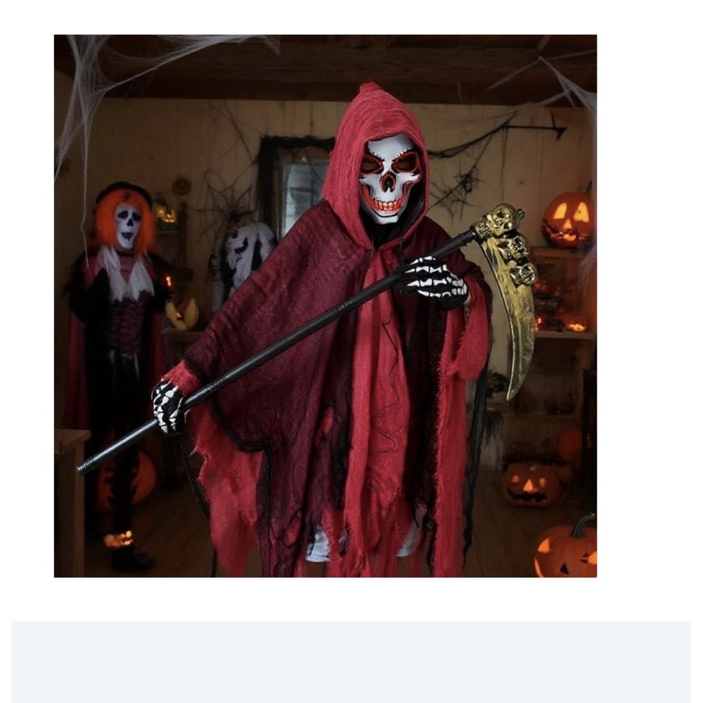 Kids Grim Reaper Costume Size Large Red Hooded Robe Scythe Mask HALLOWEEN
